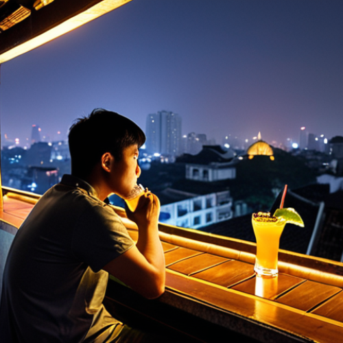 Home 11 A lone traveler sitting at a rooftop bar in Hanoi at night, sipping a cocktail, with the cityscape illuminated in the background. Focus on capturing the "chill" vibe and the feeling of enjoying solitude.