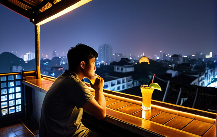 A lone traveler sitting at a rooftop bar in Hanoi at night, sipping a cocktail, with the cityscape illuminated in the background. Focus on capturing the "chill" vibe and the feeling of enjoying solitude.