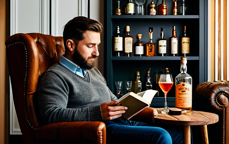 **

"A cozy home bar setup with Edison bulb lighting, a small shelf displaying liquor bottles, and a comfortable armchair. A person is sitting, reading a book and sipping a cocktail. Soft, warm lighting. safe for work, appropriate content, fully clothed, professional photography, natural proportions, well-formed hands, modest clothing, family-friendly, high quality."

**